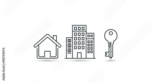 Illustration of a house building and key icons representing real estate.