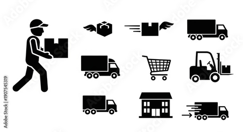 Delivery service icons including courier truck and forklift.