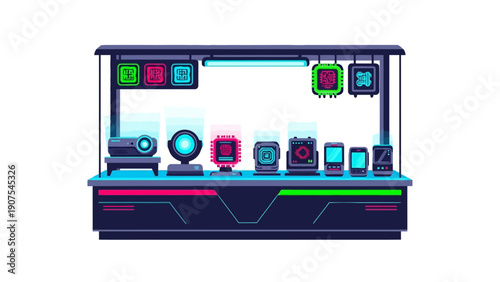 Pixel art display case with a projector camera microchips and handheld devices illuminated by neon lights