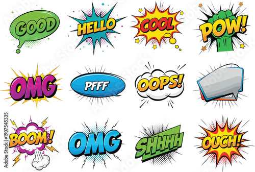 Set of colorful comic book speech bubbles with retro action words and halftone effects