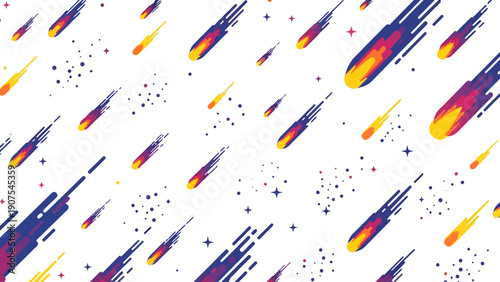 Repeating pattern of stylized colorful meteors and shooting stars with trails alongside scattered small dots and star shapes on a white background
