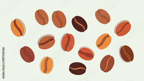 Scattered coffee beans in various roast colors depicted with a simple illustrative style on a light background