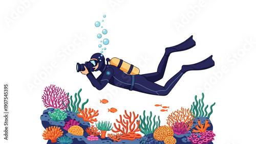 Scuba diver in wetsuit and flippers holding a camera swims over colorful coral reef with fish and bubbles