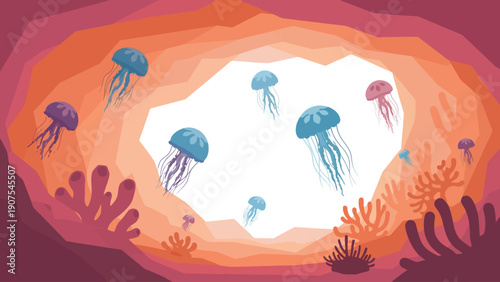 Stylized jellyfish and coral within a warmtoned layered underwater cavern opening