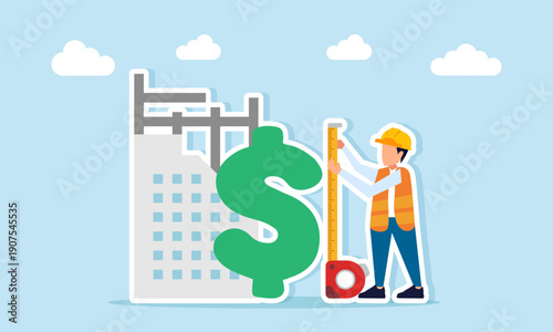 Engineer measuring dollar symbol near building construction progress illustration of calculating cost for a building development project