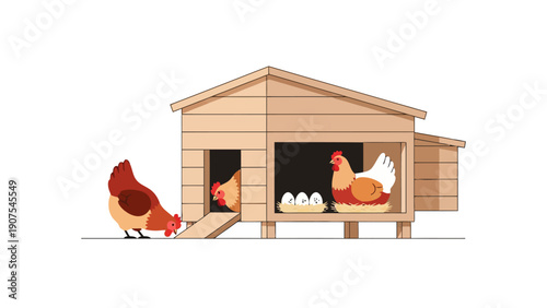Three cartoon chickens around a wooden coop one pecking one in an entrance and one on eggs