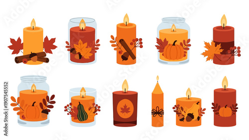 Ten stylized fall candles in various forms including jars decorated with autumnal leaves pumpkins gourds acorns and berries