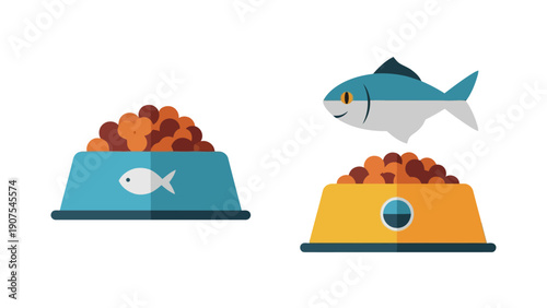 Two pet food bowls with kibble one blue with a fish one yellow A cartoon fish swims above
