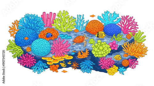 Vibrant pixel art coral reef with a sea turtle colorful fish and diverse corals on a rocky seabed
