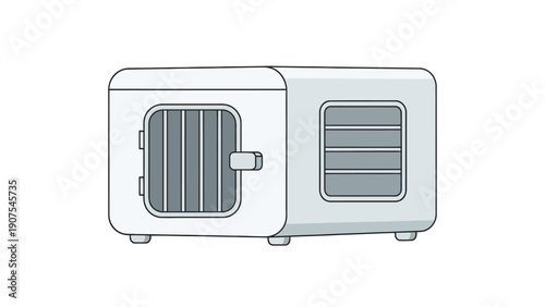 White rectangular object with rounded corners a barred door and handle on the left a louvered panel on the right and small feet