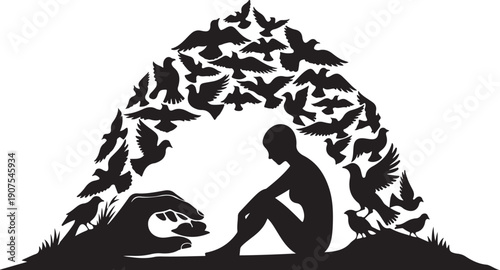 Silhouette of a person sitting with birds and a dog