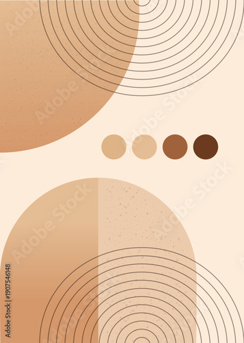 minimalist geometric art, earthy tones, circles, lines, beige, brown, curves, gradient