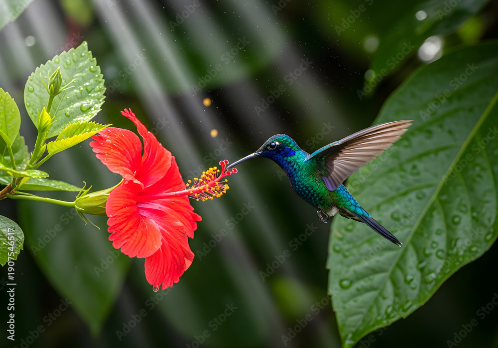 Obraz premium Vibrant Hummingbird Sucking Nectar from a Red Tropical Hibiscus Flower in Sunlight