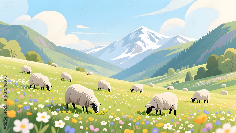 Fototapeta premium Spring valley ranch with sheep among flower sea