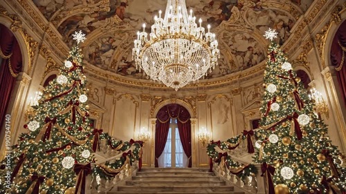 Festive Grand Staircase Adorned with Christmas Trees and Ornate Chandelier for Holiday Celebrations