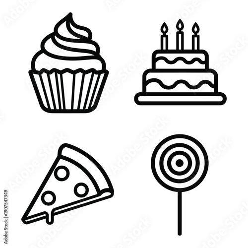 Collection of delicious food icons: cupcake, cake, pizza slice, and lollipop