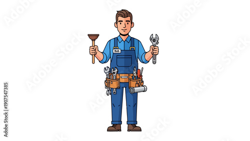 Cartoon plumber named Bob wearing overalls and holding a plunger and a wrench