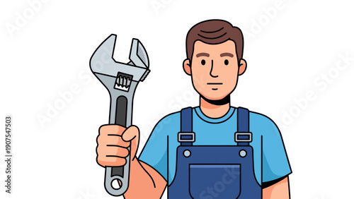 Cartoon tradesman in blue overalls holding a large adjustable wrench