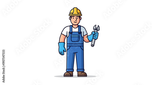 Cartoon tradesman in yellow hard hat and blue overalls holding a wrench