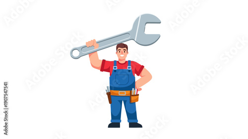 Cartoon tradesman in blue overalls holding a large silver wrench above his head