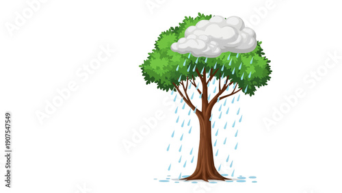 Cartoon tree with green foliage under a white rain cloud with blue raindrops falling