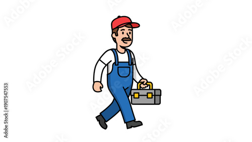 Cartoon tradesman in overalls and cap walking while carrying a toolbox
