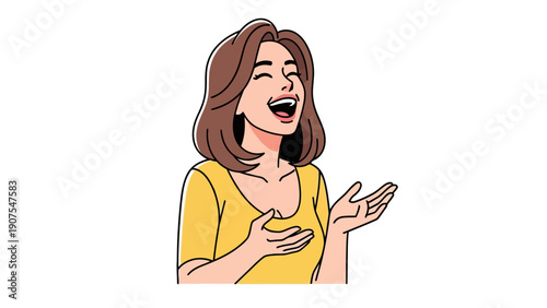 Cartoon woman with brown hair laughing heartily wearing a yellow top
