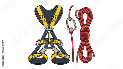 Climbing harness rope and carabiner illustration on a white background