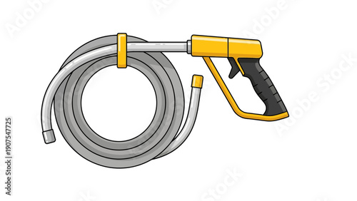 Coiled grey hose attached to a yellow and black spray nozzle gun