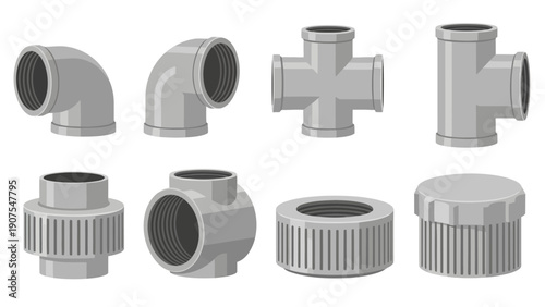 Collection of eight gray pipe fittings arranged in two rows against white