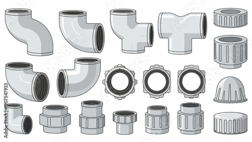 Collection of various gray plastic plumbing fittings and connectors