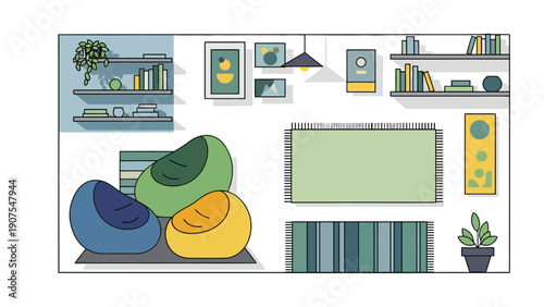 Colorful minimalist illustration of a cozy living room setup