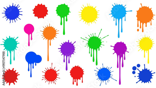 Colorful paint splatters and drips arranged on a white background
