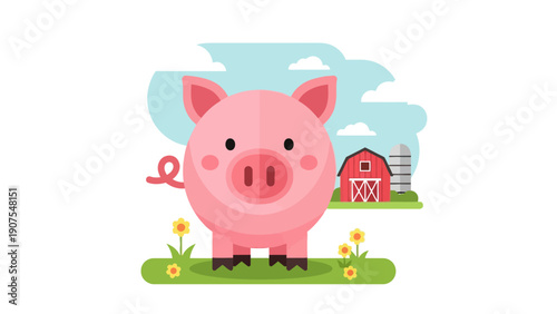 Cute cartoon pig in a sunny field with a red barn and silo