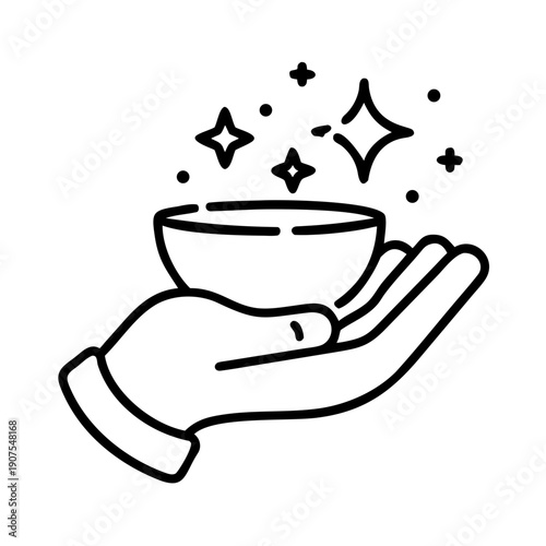 Minimalist line art icon of a cupped hand holding clean, magical sparkles.
