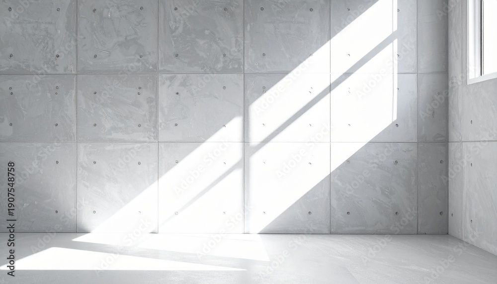 Fototapeta premium Bright sunlight illuminating modern concrete wall and floor creating abstract interior space with strong shadows natural light and minimalist atmosphere