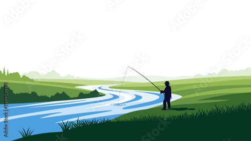Fisherman silhouetted by a winding blue river in a green hilly landscape