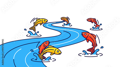 Fish swimming and jumping in a winding blue river illustration