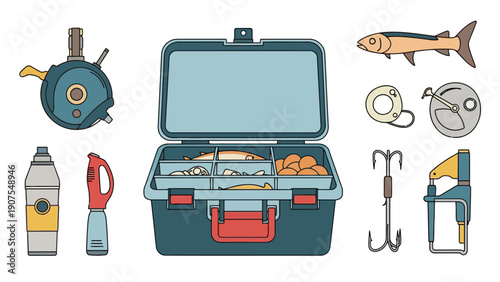 Fishing gear and supplies illustration featuring a tackle box reel tools and bait