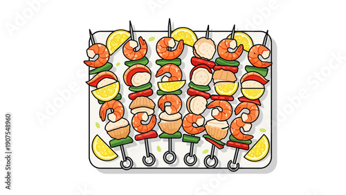 Five skewers of shrimp and scallops on a platter with lemon wedges