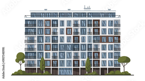 Flat apartment building facade with balconies trees and ground floor entrance
