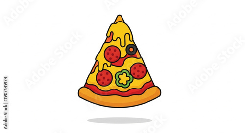 Delicious slice of pepperoni pizza with olives and peppers.