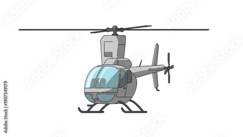 Gray cartoon helicopter with main and tail rotors on white background
