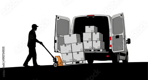Delivery man loading boxes into a van using a pallet jack.