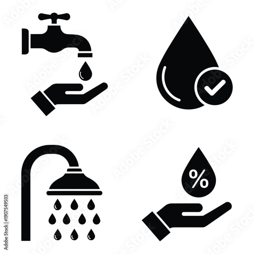Water saving and hygiene icons: faucet, hand washing, shower, and percentage drop