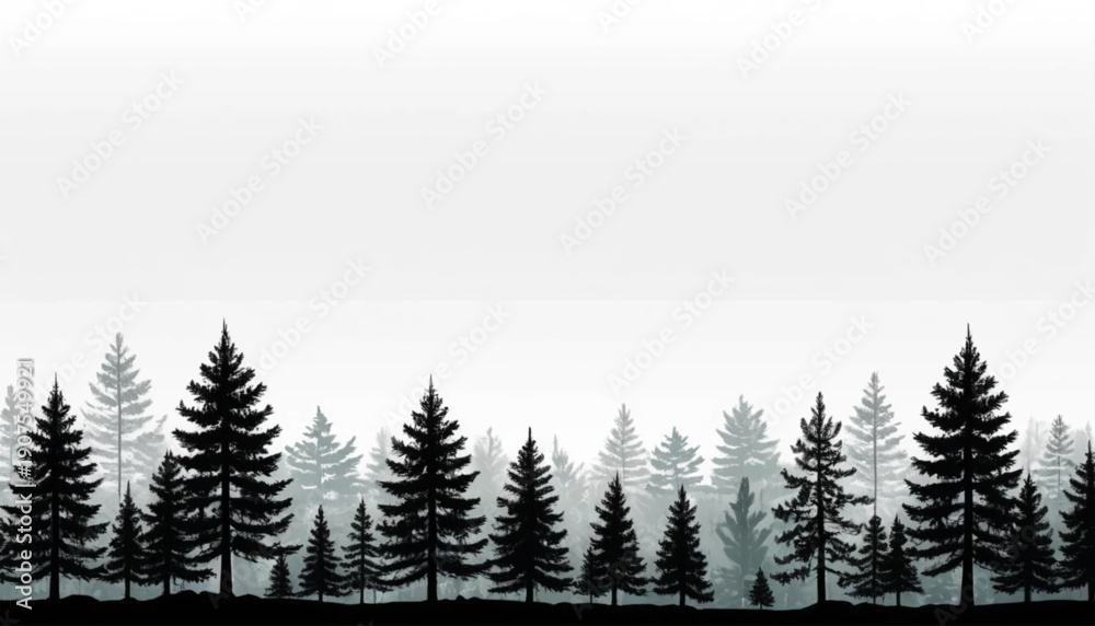 Obraz premium Pine Forest Silhouette Border Set, Black Evergreen Tree Landscape Edge Collection Isolated on White Background
