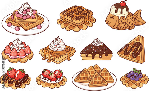 Sweet dessert vector set featuring Belgian waffles with strawberries blueberries whipped cream chocolate syrup and Japanese fish-shaped Taiyaki ice cream for cafe menus.