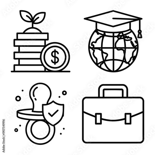 Foto Finance and business icons: stacked coins, globe with cap, pacifier with shield,
