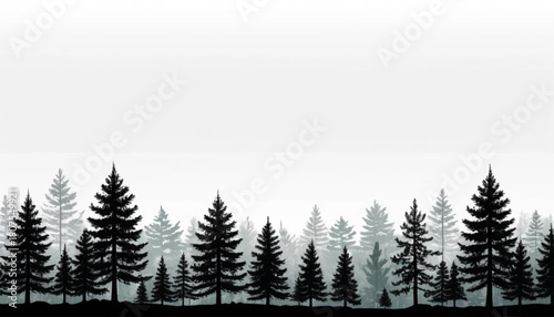Pine Forest Silhouette Border Set, Black Evergreen Tree Landscape Edge Collection Isolated on White Background