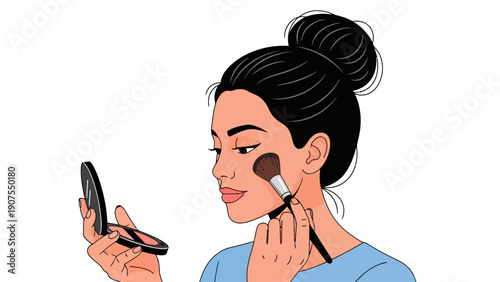 Illustration of a woman applying blush with a brush while holding a compact mirror